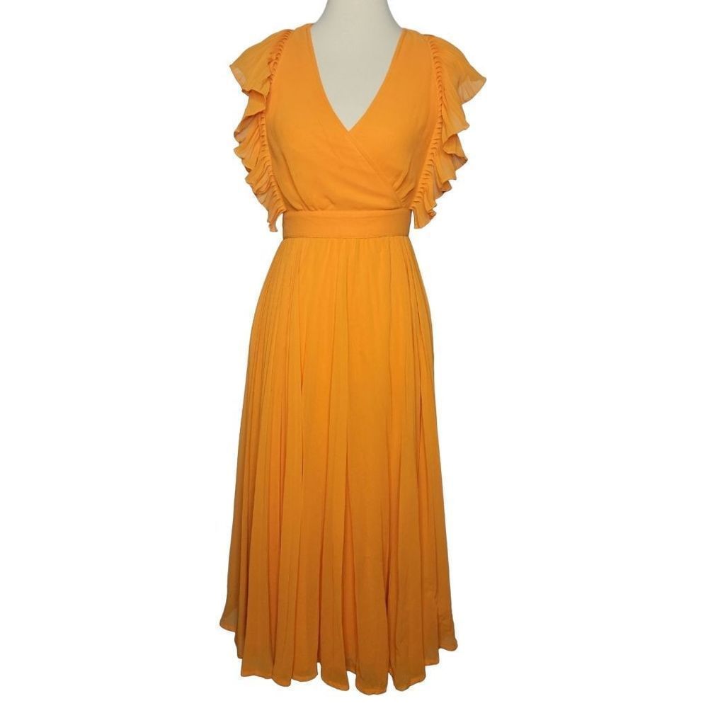 Asos Orange Pleated Ruffle Midi Dress Size 0